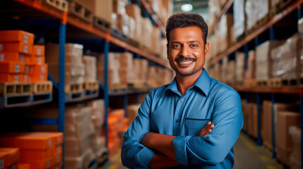 Fototapeta na wymiar Professional loader is Indian man in warehouse with boxes of goods on shelves. Smiling uniformed loader demonstrates his willingness and enthusiasm to do his job. Logistics and delivery