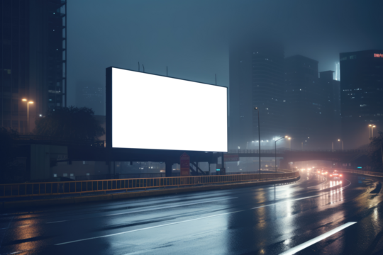 Night descends on the city as a large, empty billboard overlooks the glistening wet highway, with faint city lights in the mist