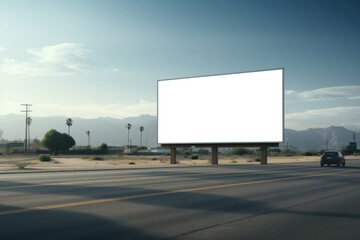 Clear skies and a sprawling desert landscape surround an empty billboard by the highway, with distant mountains in view
