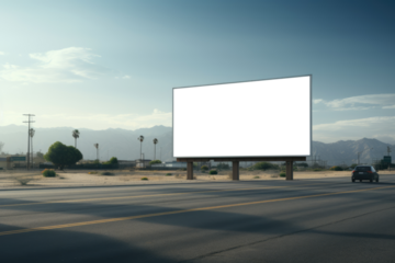 Clear skies and a sprawling desert landscape surround an empty billboard by the highway, with distant mountains in view