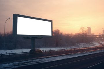 solitary car drives by an empty billboard on a highway, set against a backdrop of a snowy landscape and a warm sunrise