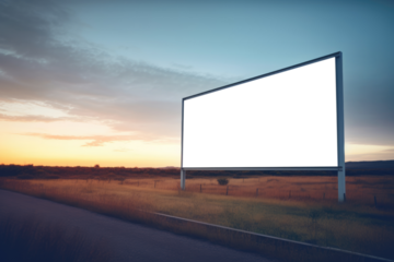empty billboard mockup stands on a roadside at sunset, overlooking a tranquil natural landscape with no traffic in sight