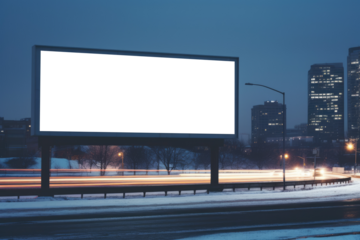 solitary billboard towers above a city highway, its surface bare against the backdrop of a foggy evening commute