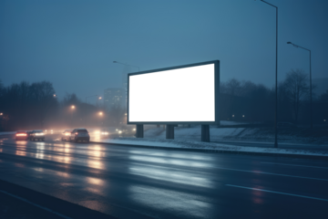 solitary billboard towers above a city highway, its surface bare against the backdrop of a foggy evening commute