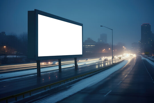 solitary billboard towers above a city highway, its surface bare against the backdrop of a foggy evening commute