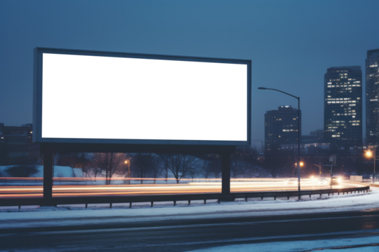 solitary billboard towers above a city highway, its surface bare against the backdrop of a foggy evening commute - Powered by Adobe