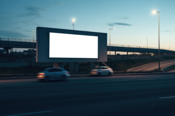 empty billboard stands prominently over a bustling highway during twilight, under the watchful glow of street lamps