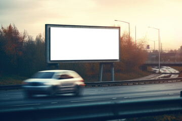 empty billboard frames a highway scene, with vehicles speeding by and autumn trees in the background