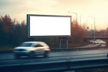 empty billboard frames a highway scene, with vehicles speeding by and autumn trees in the background
