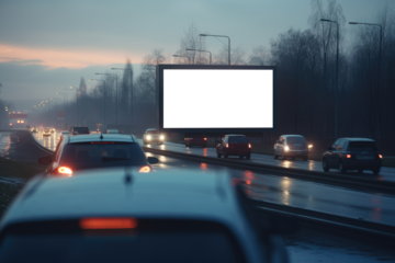 empty billboard stands prominently over a bustling highway during twilight, under the watchful glow of street lamps