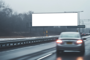 winter day on a highway, featuring an empty billboard mockup for advertising against a bleak landscape