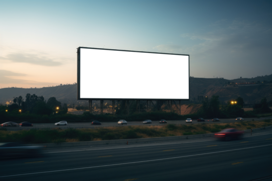As the day fades, an imposing empty billboard mockup looms over the busy freeway, a silent observer of the twilight rush