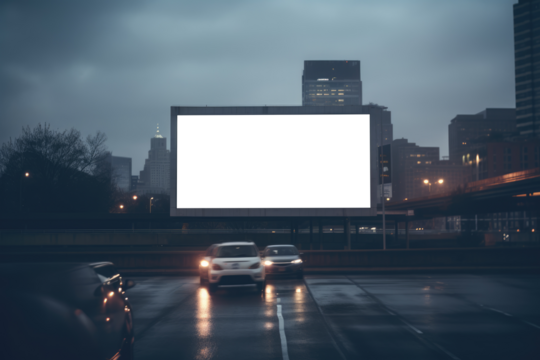 empty transparent billboard mockup overlooking the parking lot at evening