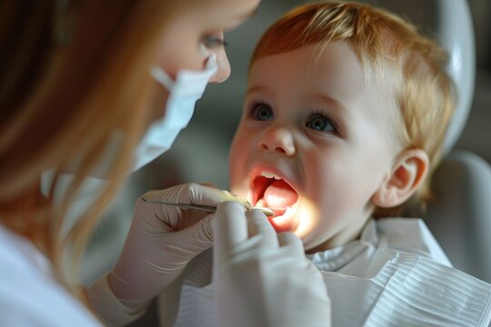 Early Dental Care: A professional photo captures the importance of regular dental check-ups as a dentist examines a toddler's teeth, promoting oral hygiene and early healthcare habits.

