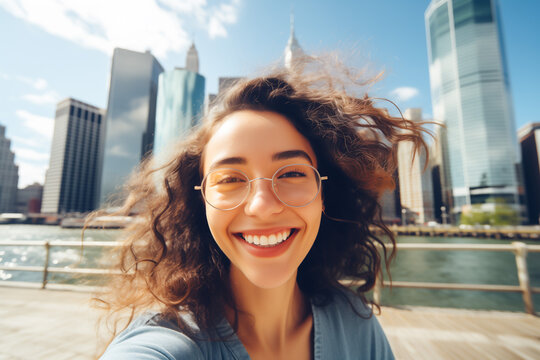 Cheerful young woman taking selfie in a modern city