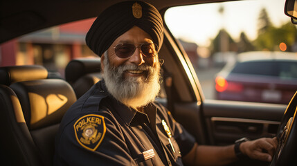 An elderly, white, Caucasian indian man police officer in a uniform and headgear is seen outside a mature, mature car during a summer sunset while on vacation. first-person point of view. operating 