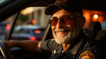 An elderly, white, Caucasian indian man police officer in a uniform and headgear is seen outside a mature, mature car during a summer sunset while on vacation. first-person point of view. operating - obrazy, fototapety, plakaty