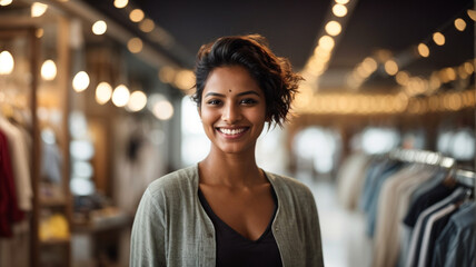 Proud owner of her new store standing inside her new business premises, confident entrepreneur, small business owner, space for text

