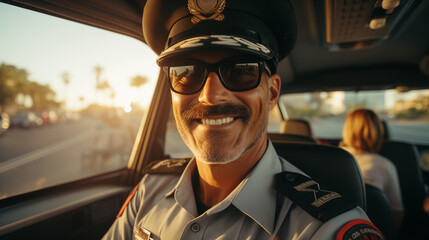 An elderly, white, Caucasian dubai man police officer in a uniform and headgear is seen outside a mature, mature car during a summer sunset while on vacation. first-person point of view. operating 