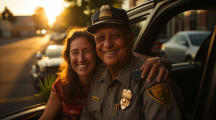 An elderly, white, Caucasian indian man police officer in a uniform and headgear is seen outside a mature, mature car during a summer sunset while on vacation. first-person point of view. operating a  - obrazy, fototapety, plakaty