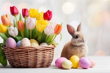 Easter bunny with hand-decorated eggs and a bouquet of tulips in a basket