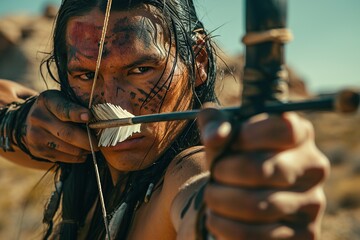 Native american man hunting with a bow and arrow in the desert.