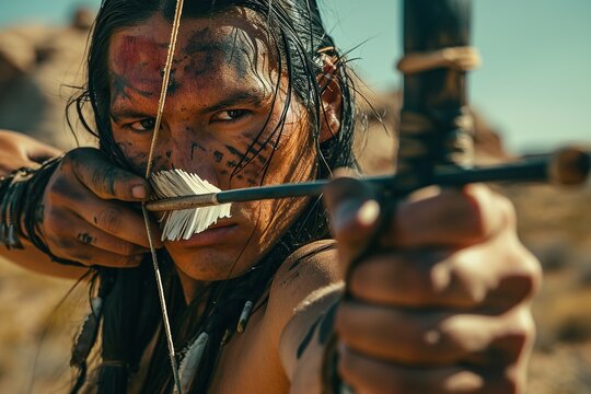 Native american man hunting with a bow and arrow in the desert.
