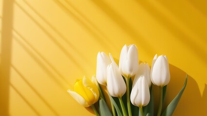 bouquet of white tulip flowers on a yellow background with free space for text insertion