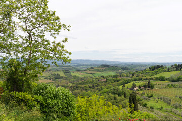 Panoramic beautiful rural landscape of Toscana. Green fields and meadows, countryside in Italy