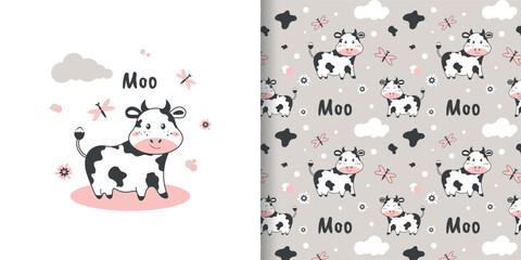 Cute cartoon cow postcard and seamless pattern for decor, wrapping paper, fabric, textiles and more. Vector illustration