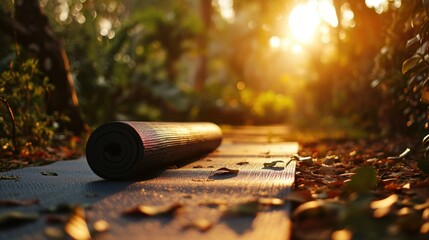 Yoga mat in a tranquil outdoor setting at sunrise - obrazy, fototapety, plakaty