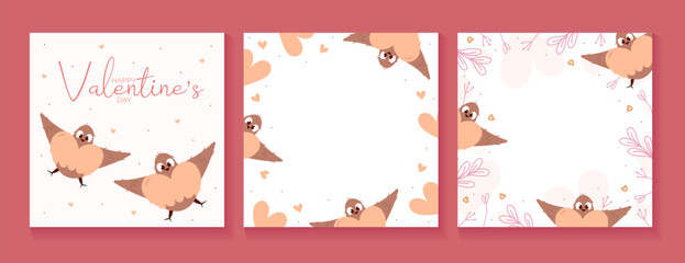 Set of Valentine social media post with birds,leaves and hearts. Banner with phrase Happy Valentine's day and copy space. Peach fuzz, pink, brown colors. Isolated on white. Vector illustration
