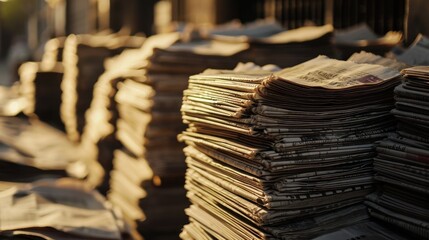 Piles of newspapers in the golden morning light evoke the start of a new day. - obrazy, fototapety, plakaty