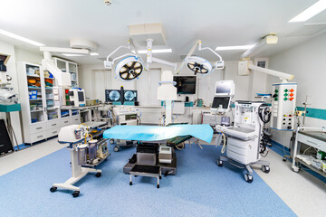 Modern hospital operating room. Surgery technologies emergency ward.