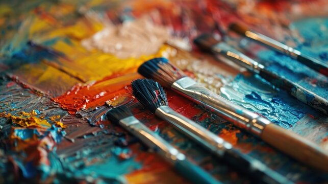 Artist's palette full of colorful paints and brushes, ready for creative expression.