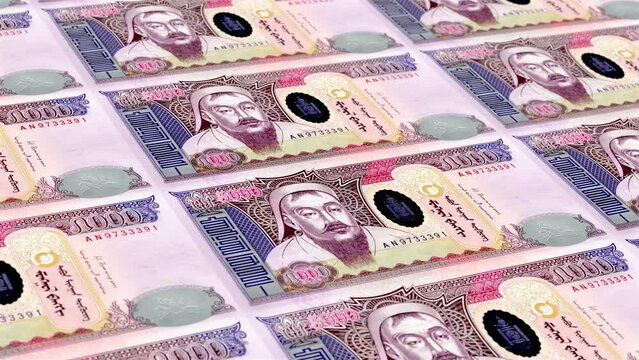 Mongolia Mongolia Tugrik 5000 Banknotes Money Printing House, Printing Five Thousand Mongolia Tugrik, Printing Press Machine Print out Mongolia Tugrik, Being printed by currency press machine 5000