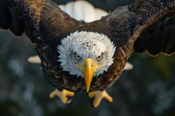 A bald eagle flying fast.