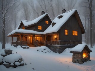 casetta in legno immersa nella neve