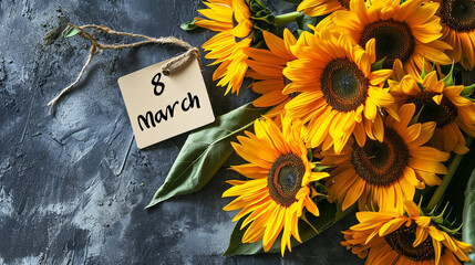 Sunflower Serenity: Cheerful sunflowers capturing the essence of warmth and happiness, with text "8 March", Spring flowers, Flat lay, top view, with copy space
