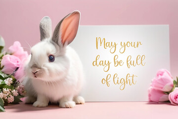 Happy Easter Wishes Card. Easter bunny with flowers on a pink background