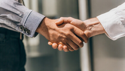 Close-up shot of shaking hands in office area, office business concept