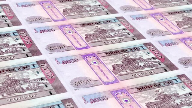Mongolia Mongolia Tugrik 5000 Banknotes Money Printing House, Printing Five Thousand Mongolia Tugrik, Printing Press Machine Print out Mongolia Tugrik, Being printed by currency press machine 5000