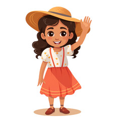 Cartoon  Latino girl in summer outfit waving hello on transparent background