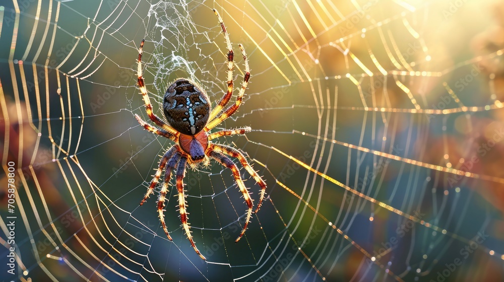 Poster a close up of a spider on it's web in the middle of it's cobwe.
