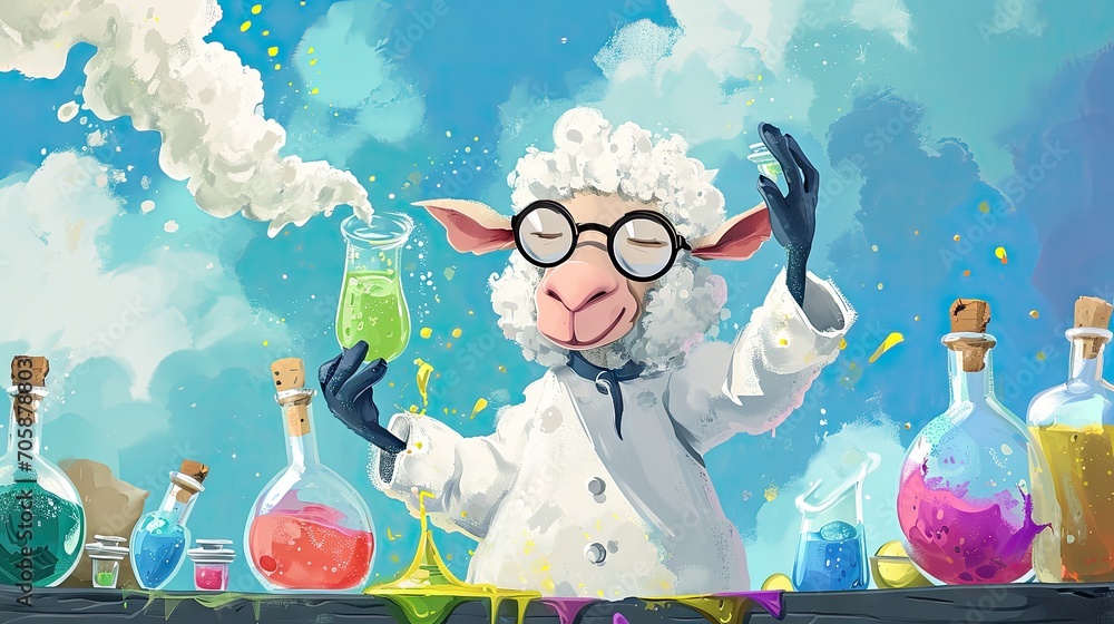 Poster a sheep in a lab coat holding a beakle in front of a shelf filled with bottles and flasks.