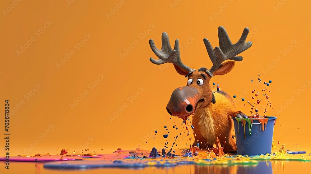 Poster a close up of a moose with paint on it's face and a cup of paint in front of it.