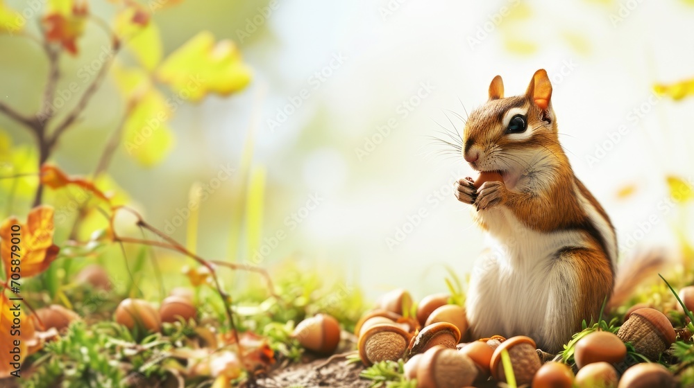 Poster a close up of a squirrel eating a nut in a field of grass and mushrooms with trees in the background