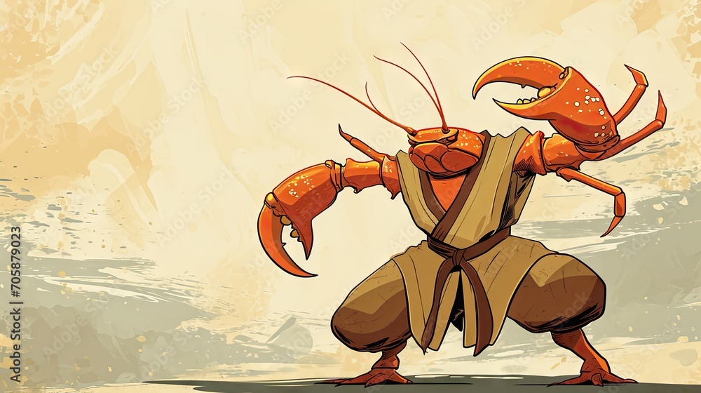 Poster a drawing of a cartoon character with a crab like body and claws on it's head, standing in front of 