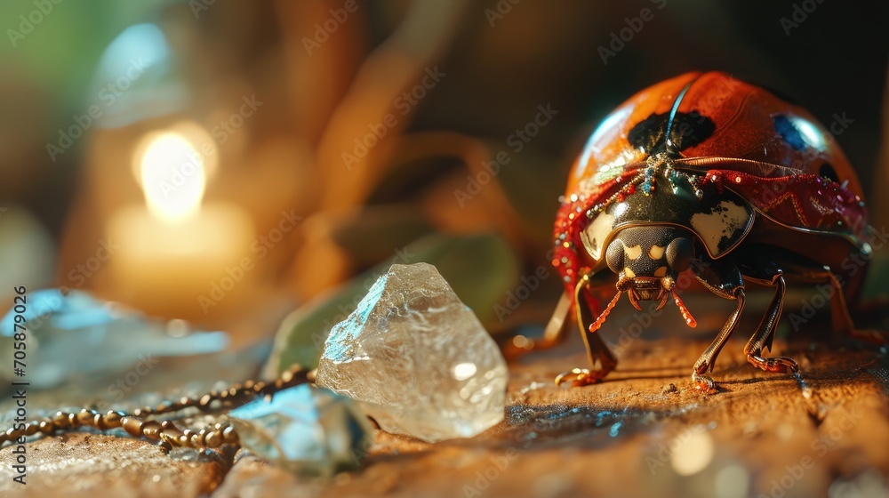 Poster a close up of a bug on a table next to a piece of glass with a candle in the background.