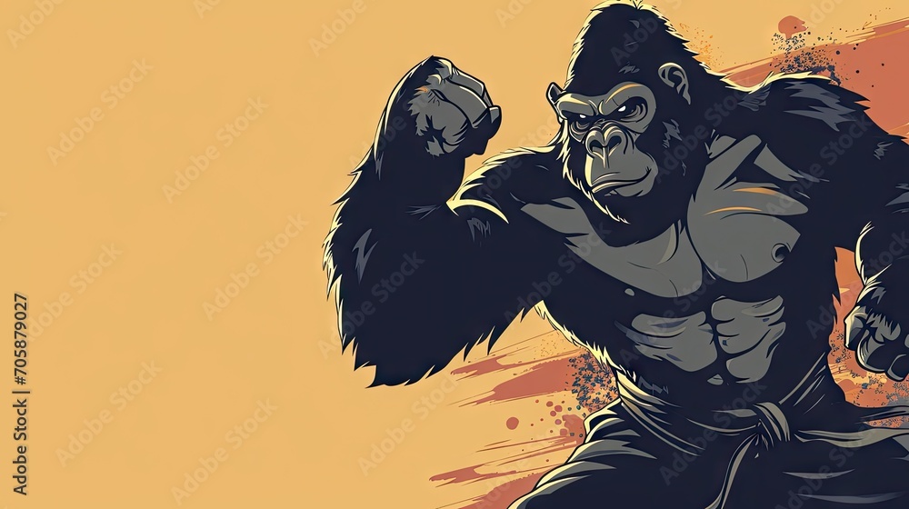 Poster a drawing of a gorilla with a fist up in front of an orange and yellow background with a splash of p